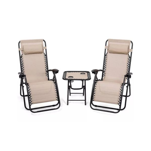 3 Pieces Folding Portable Zero Gravity Reclining Lounge Chairs Table Set Supply